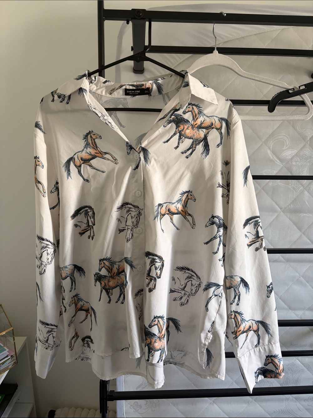 SHEIN White Horse-Print Button Front Blouse